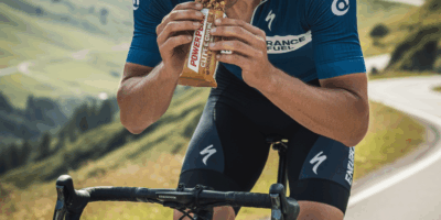 Cyclist eating during ride for proper nutrition timing