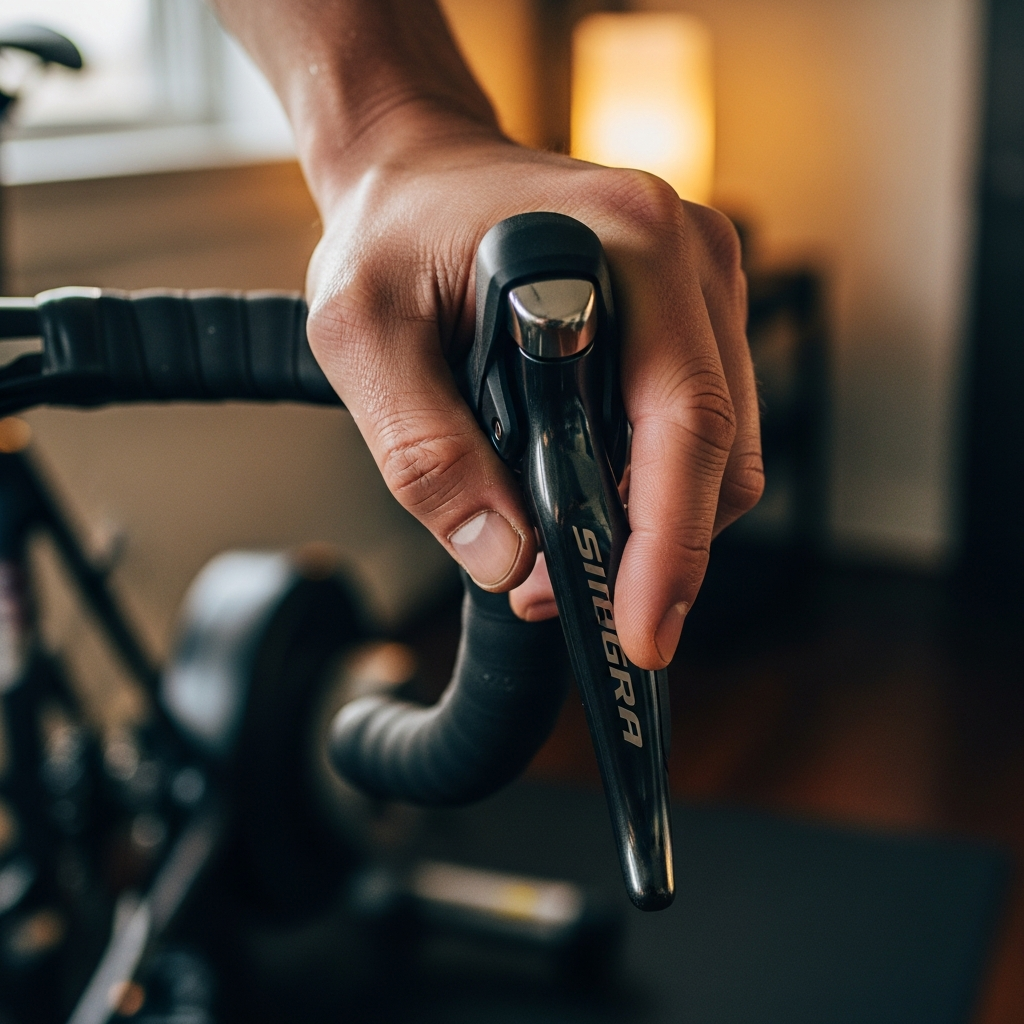 Cyclist shifting to easier gear on indoor trainer to break ERG mode spiral of death