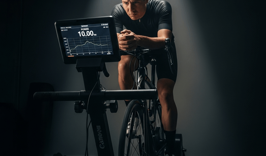cyclist on indoor trainer looking frustrated at screen showi 20260331 082043