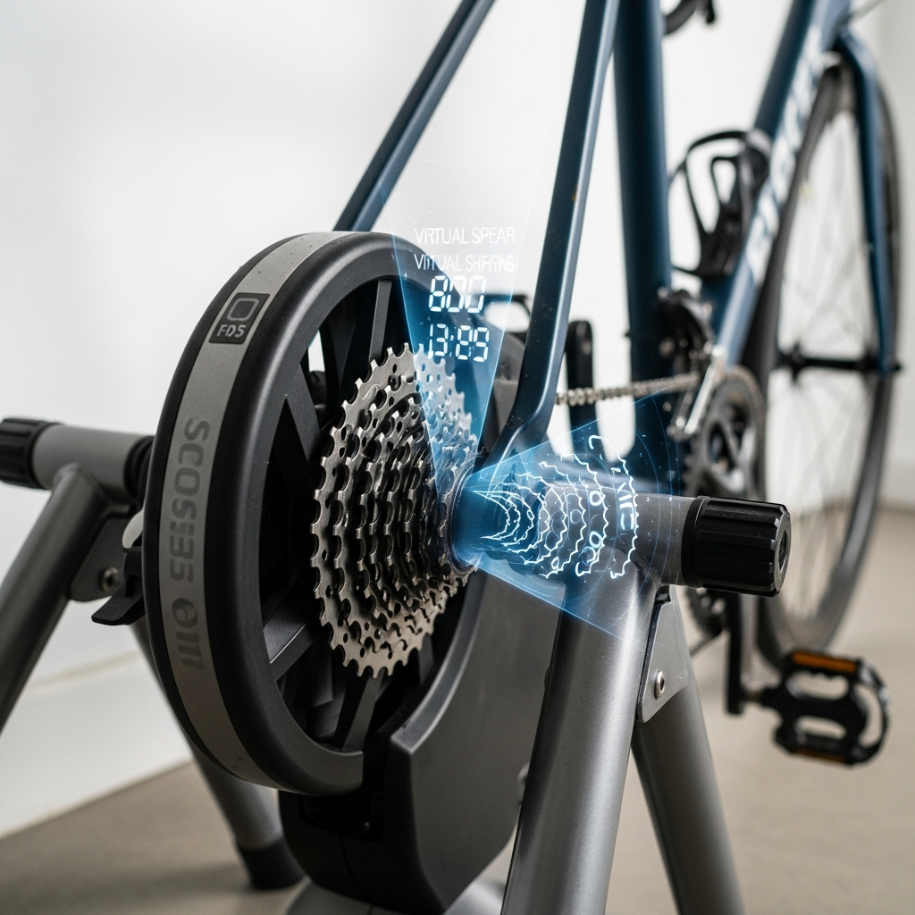 Direct-drive trainer with single-speed virtual shifting cog replacing traditional cassette