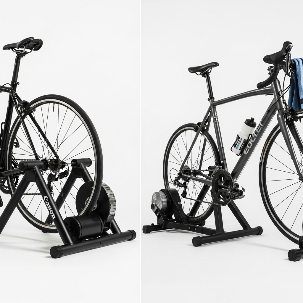 Wheel-on bike trainer versus direct-drive trainer showing the key mounting difference