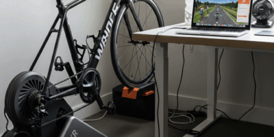 wahoo kickr trainer and laptop showing zwift app together on 20260331 082441