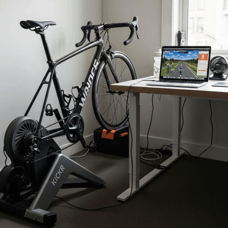wahoo kickr trainer and laptop showing zwift app together on 20260331 082441
