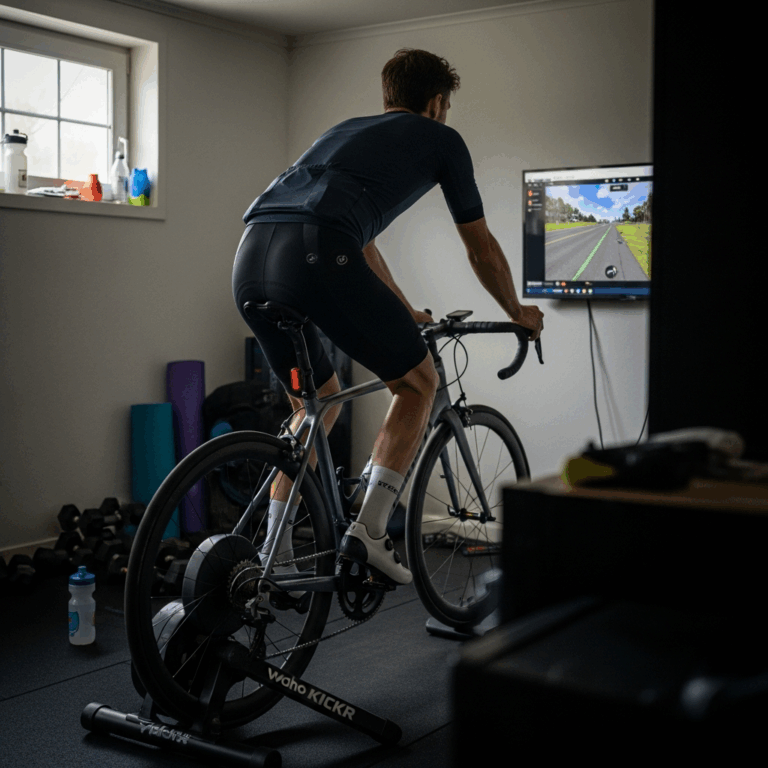 cyclist on smart trainer in home gym setup with screen