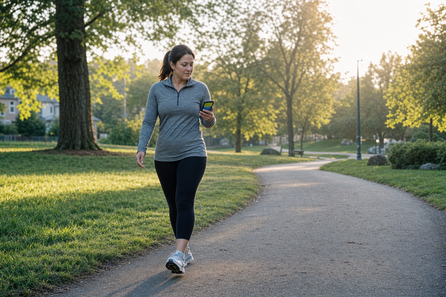 Beginner using a Couch-to-5K run-walk timer during a park workout